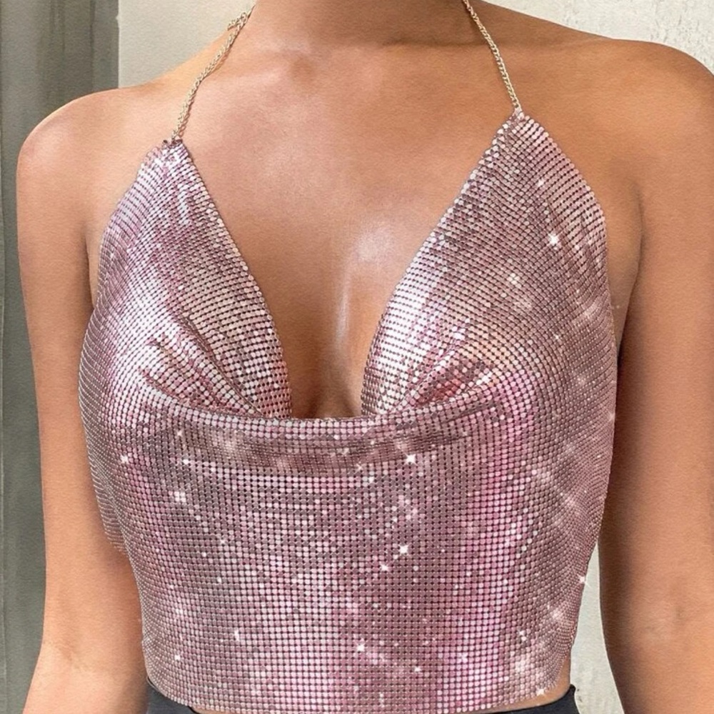 Pink open back bidazled crop top. Great for a night out